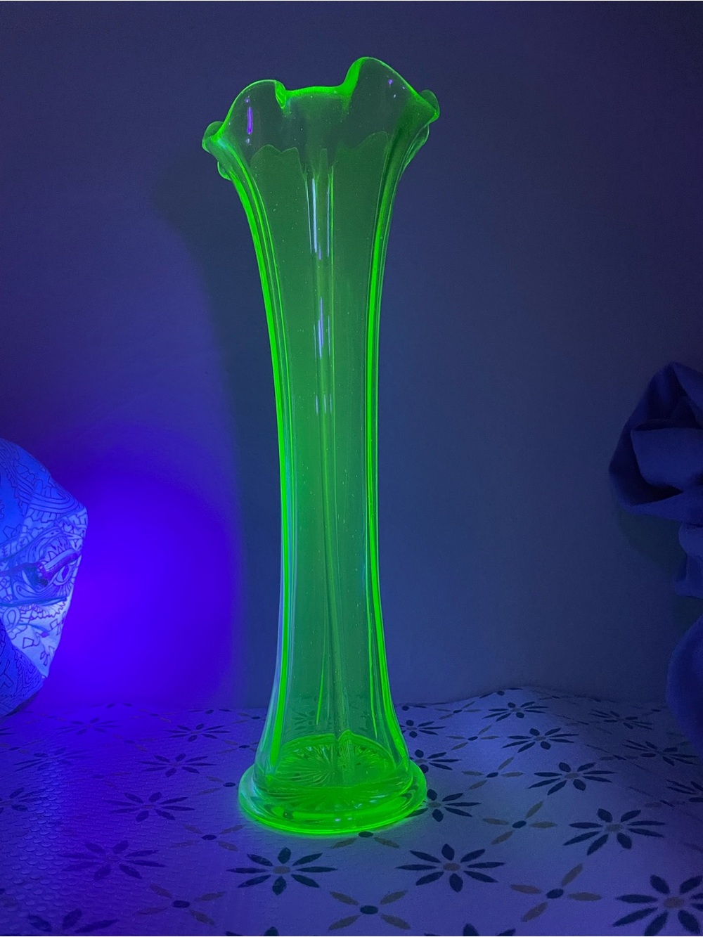 Vintage Uranium Glass Mid Century Modern Swung Vase 11" Tall - It Glows!